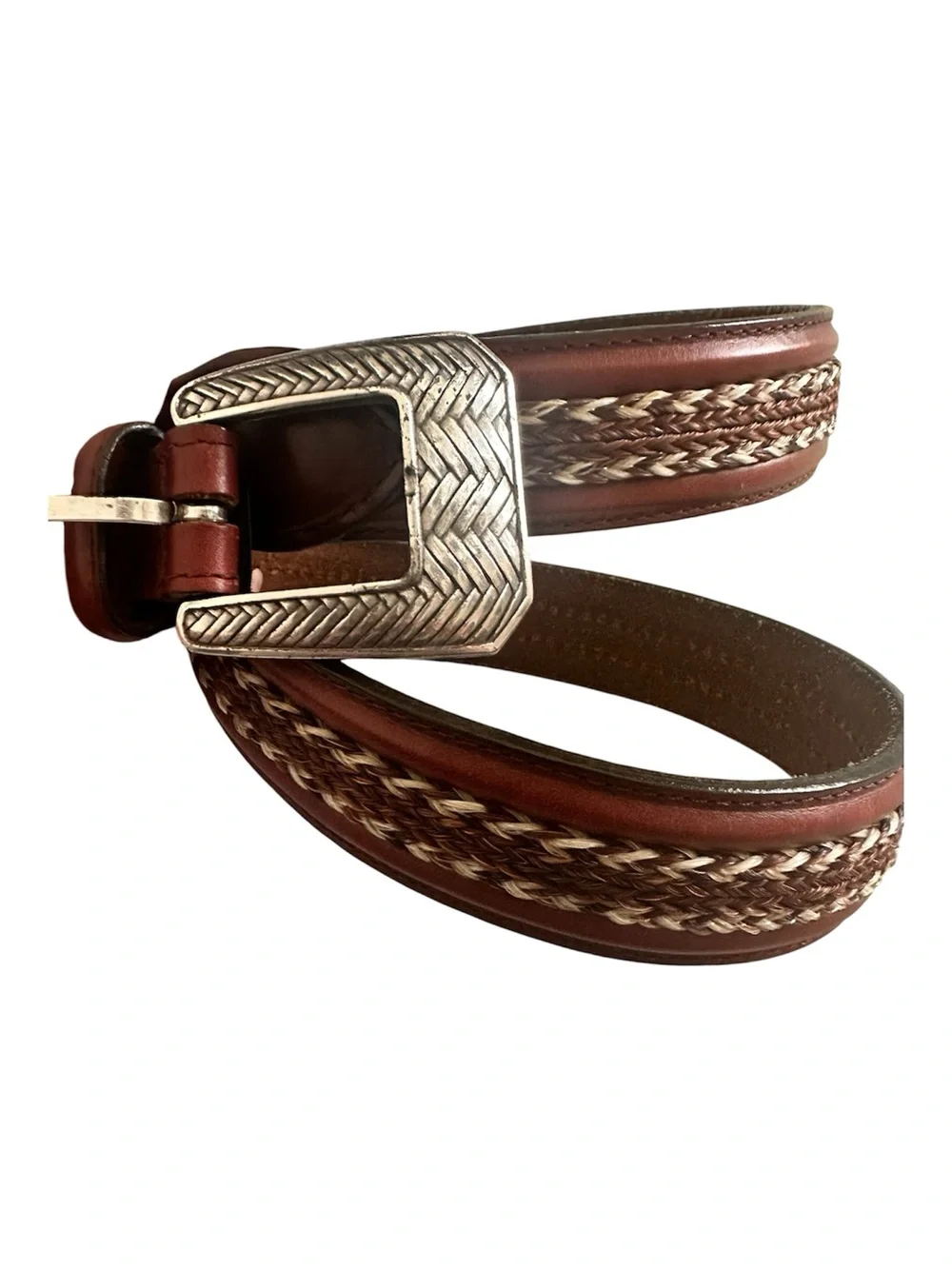 Brighton Brown Braided Leather Belt with Engraved Silver Buckle